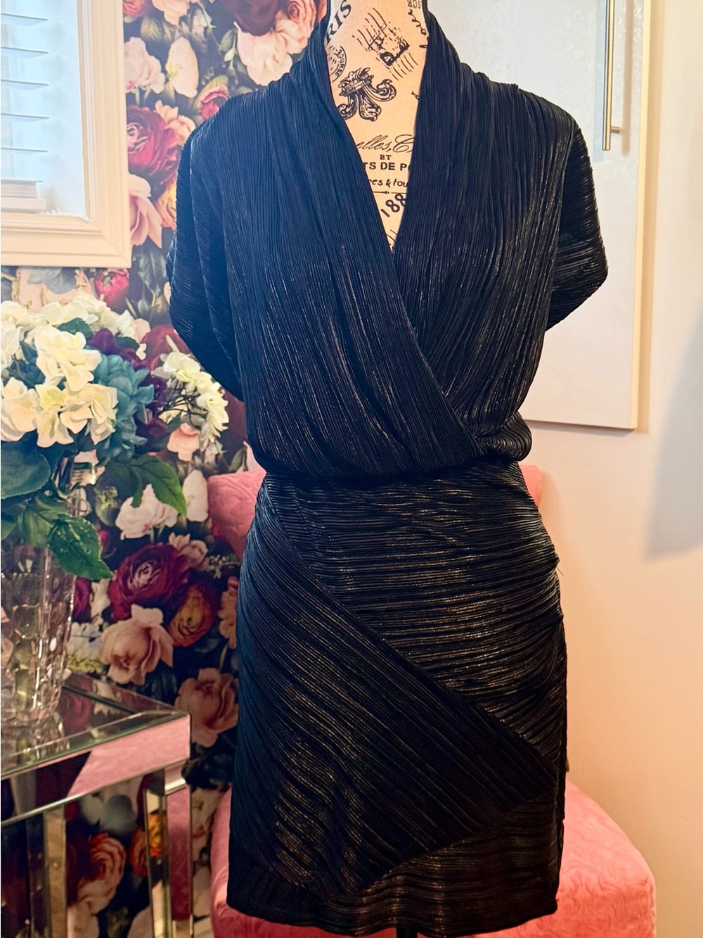 RACHEL Rachel Roy Shimmery Black Pleated Wrap Midi Dress size XL